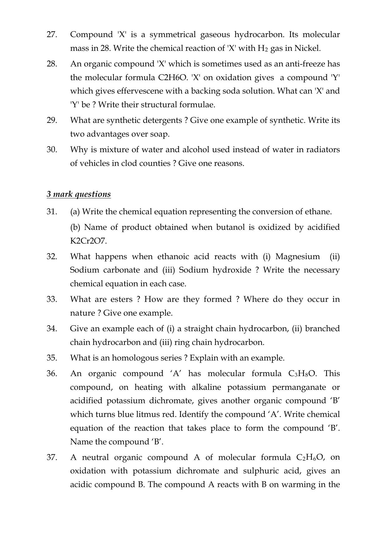 CBSE Worksheets for Class 10 Science Carbon And Its Compounds Assignment 1 - Page 3