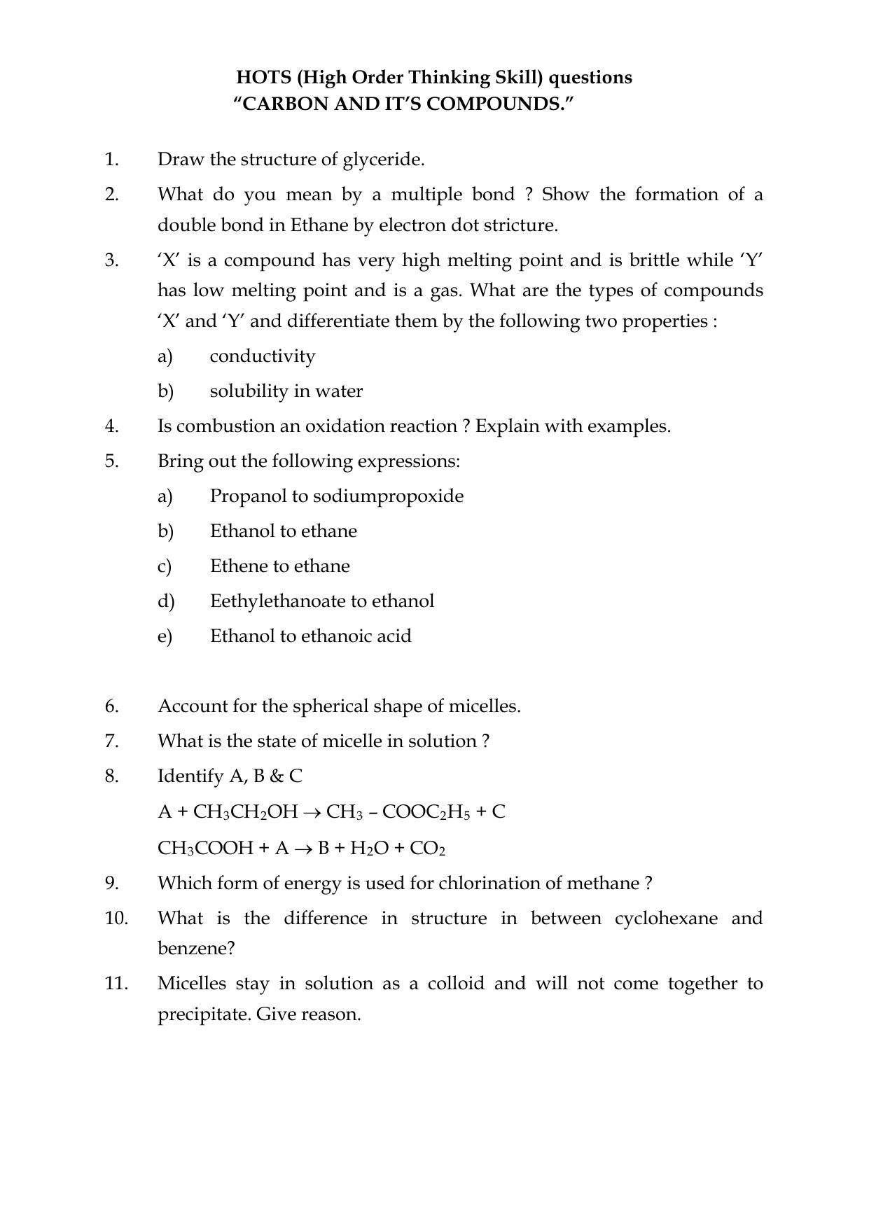 CBSE Worksheets for Class 10 Science Carbon And Its Compounds Assignment 1 - Page 9