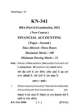 Sarguja University Question Paper - 2022 :   B.B.A Part One  Financial Accounting Paper I