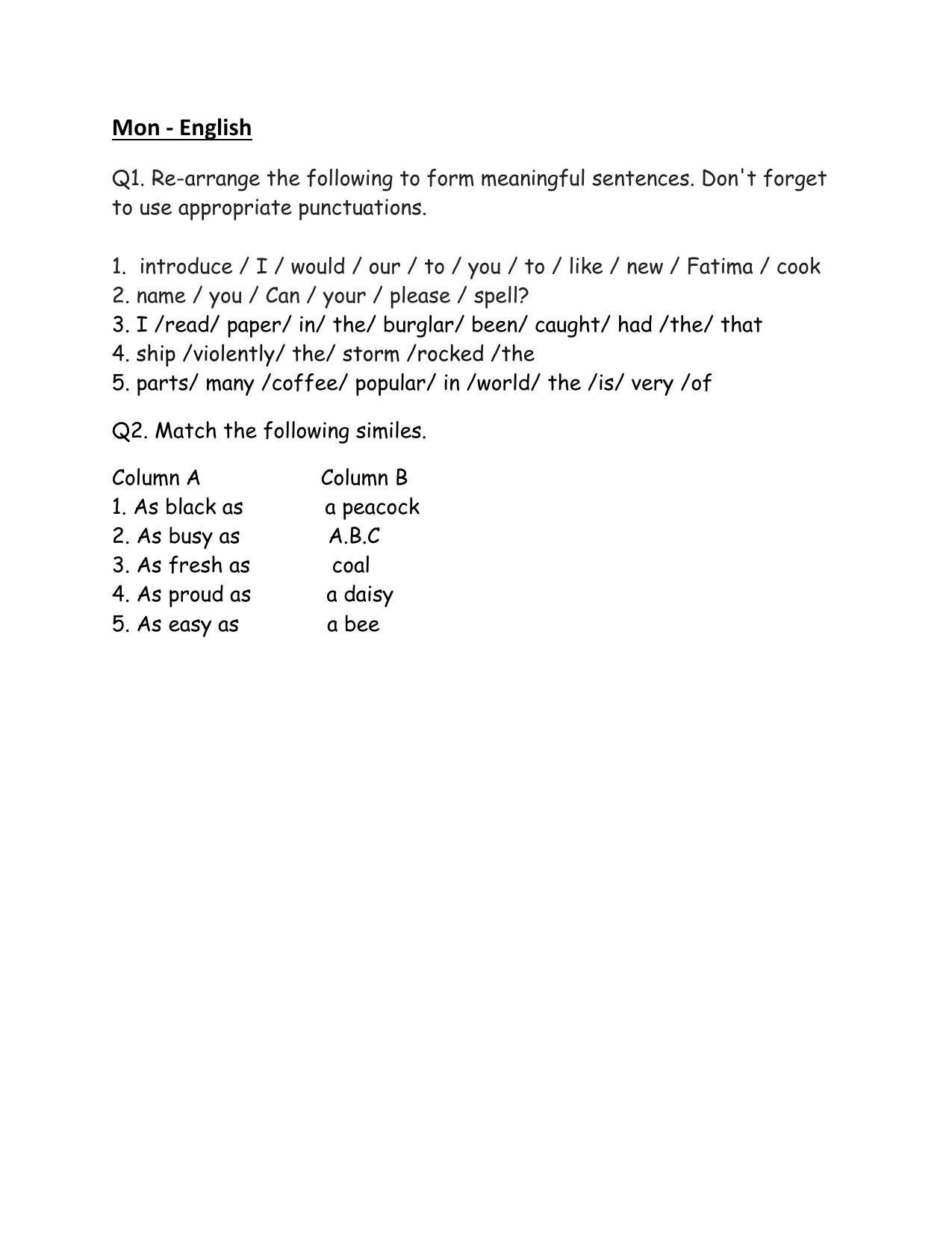 CBSE Worksheets for Class 6 English Rearrange Assignment - Page 1