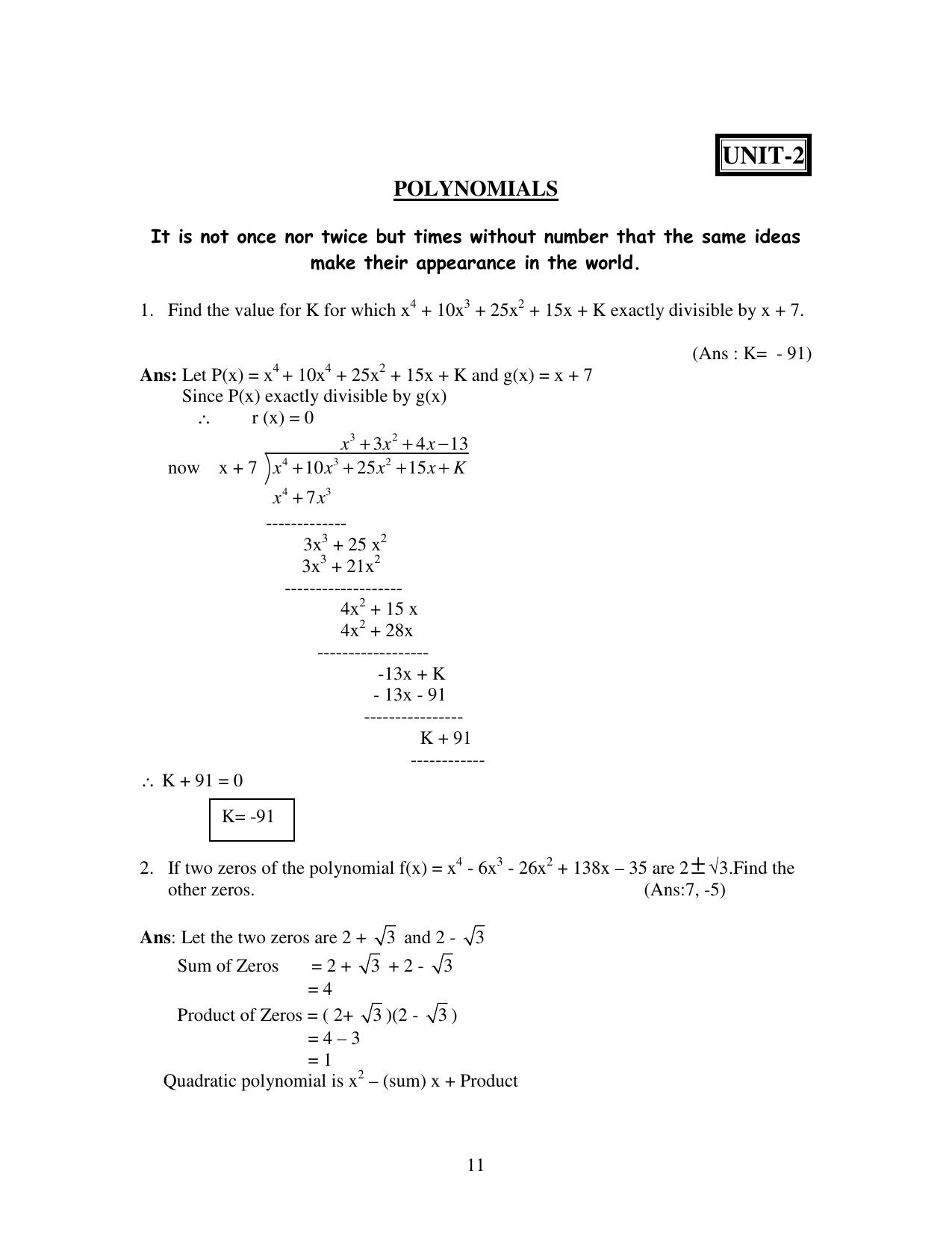 CBSE Worksheets for Class 10 Maths Polynomials Assignment 3 - Page 1