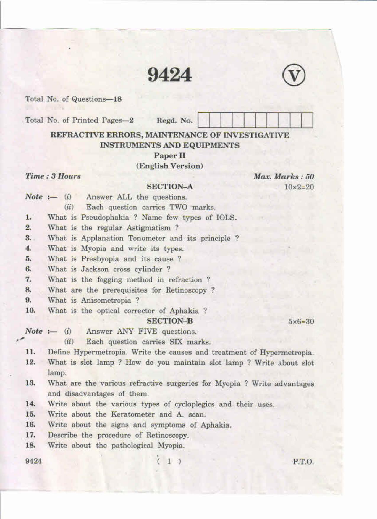 AP Inter 2nd Year Refrective Errors, Maintenance of Investigative Instruments and Equipments-II May-2019-Vocational Question Paper - Page 1