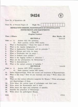 AP Inter 2nd Year Refrective Errors, Maintenance of Investigative Instruments and Equipments-II May-2019-Vocational Question Paper
