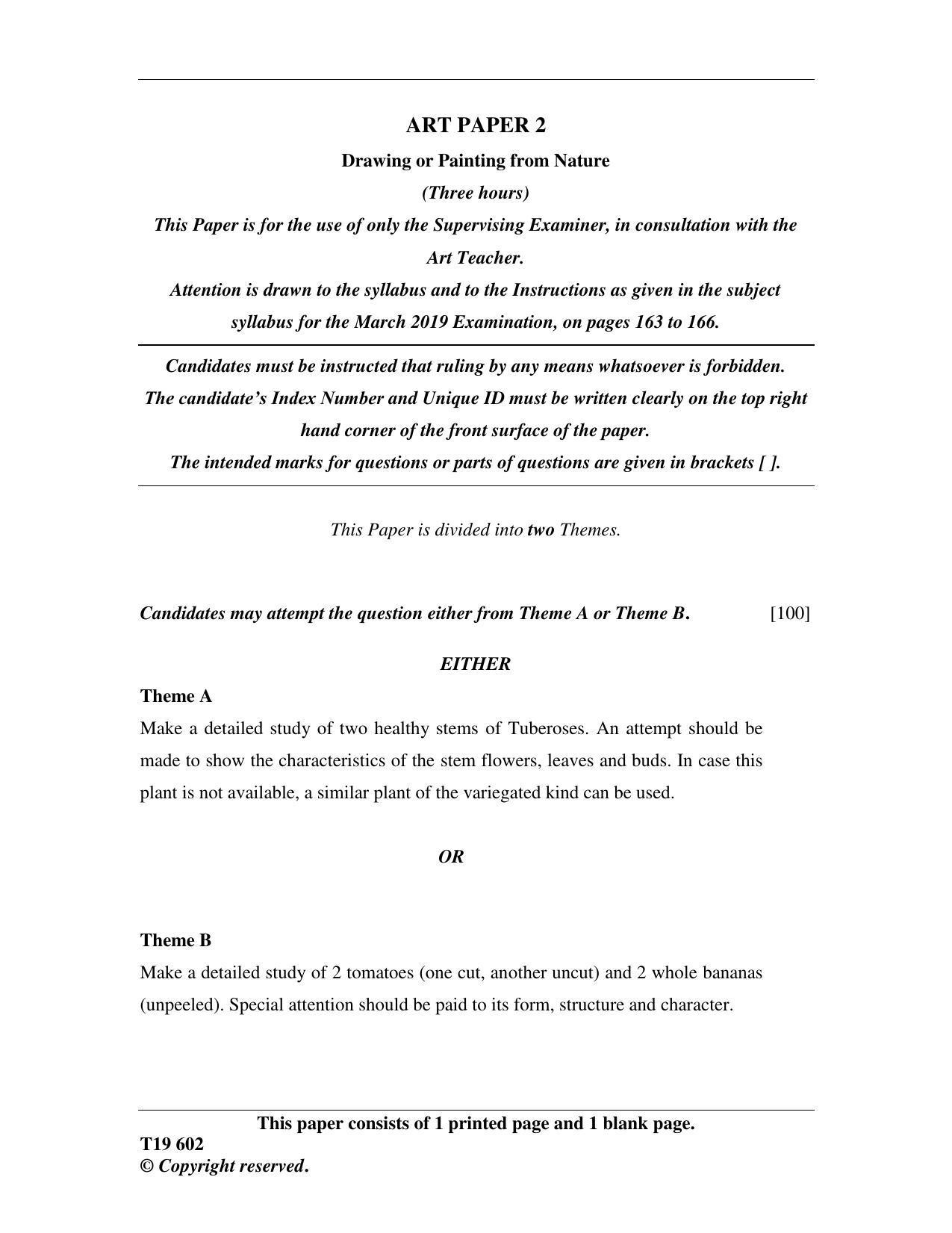 ICSE Class 10 Art Paper 2 (Drawing or Painting from Nature) 2019 Question Paper - Page 1