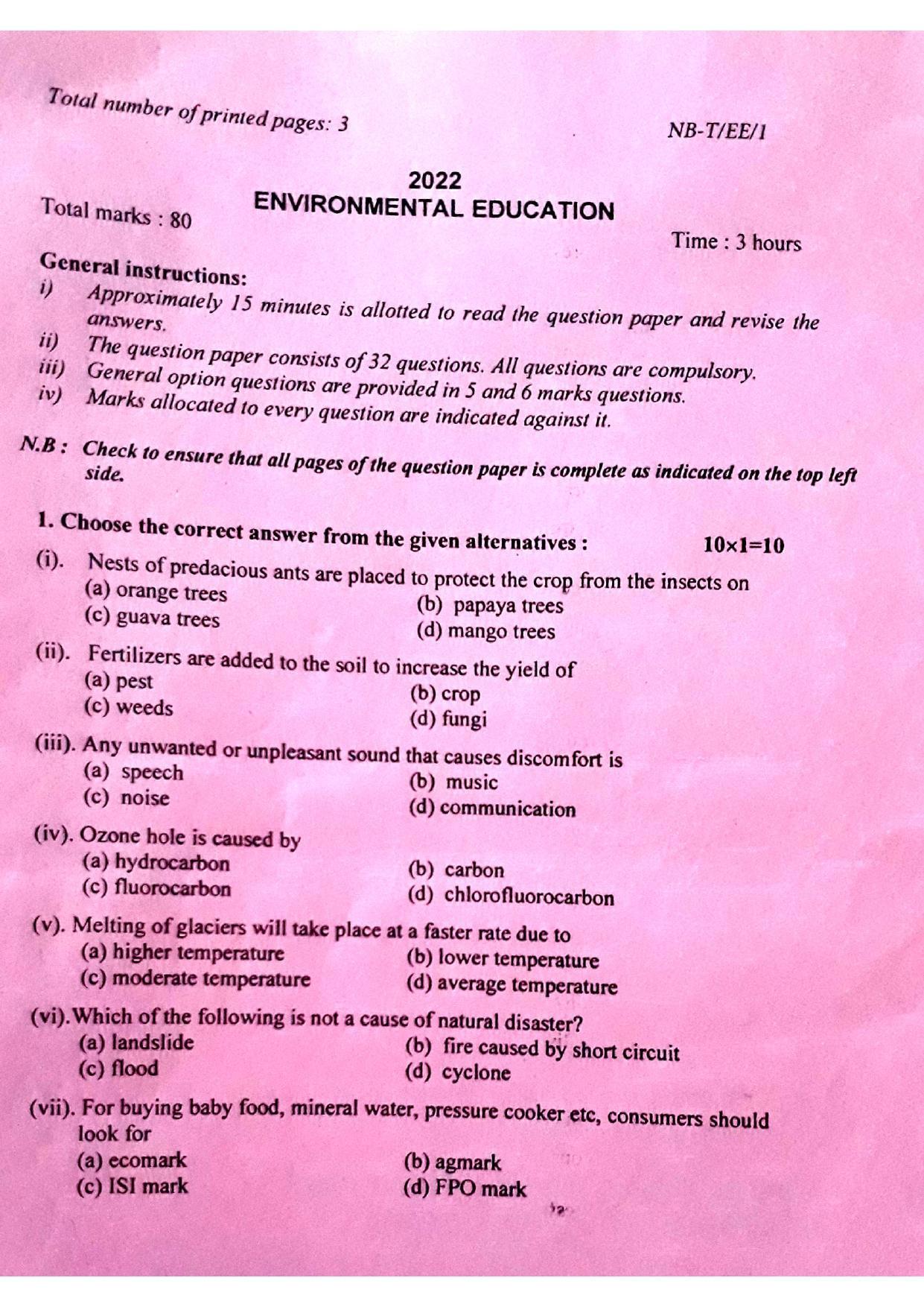 Nagaland Board Class 10 Environmental Education 2022 Question Paper - Page 1