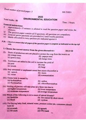 Nagaland Board Class 10 Environmental Education 2022 Question Paper
