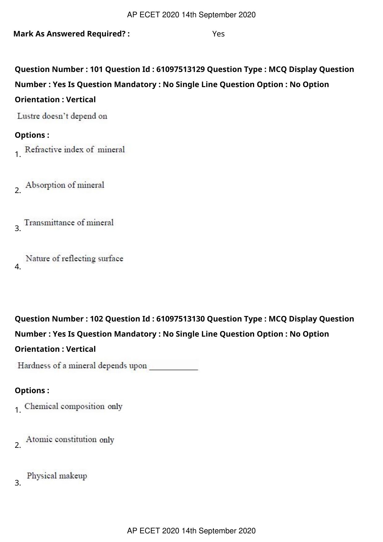 AP ECET 2020 - Ceramic Technology (Preview) Question Paper With Preliminary Keys - Page 56