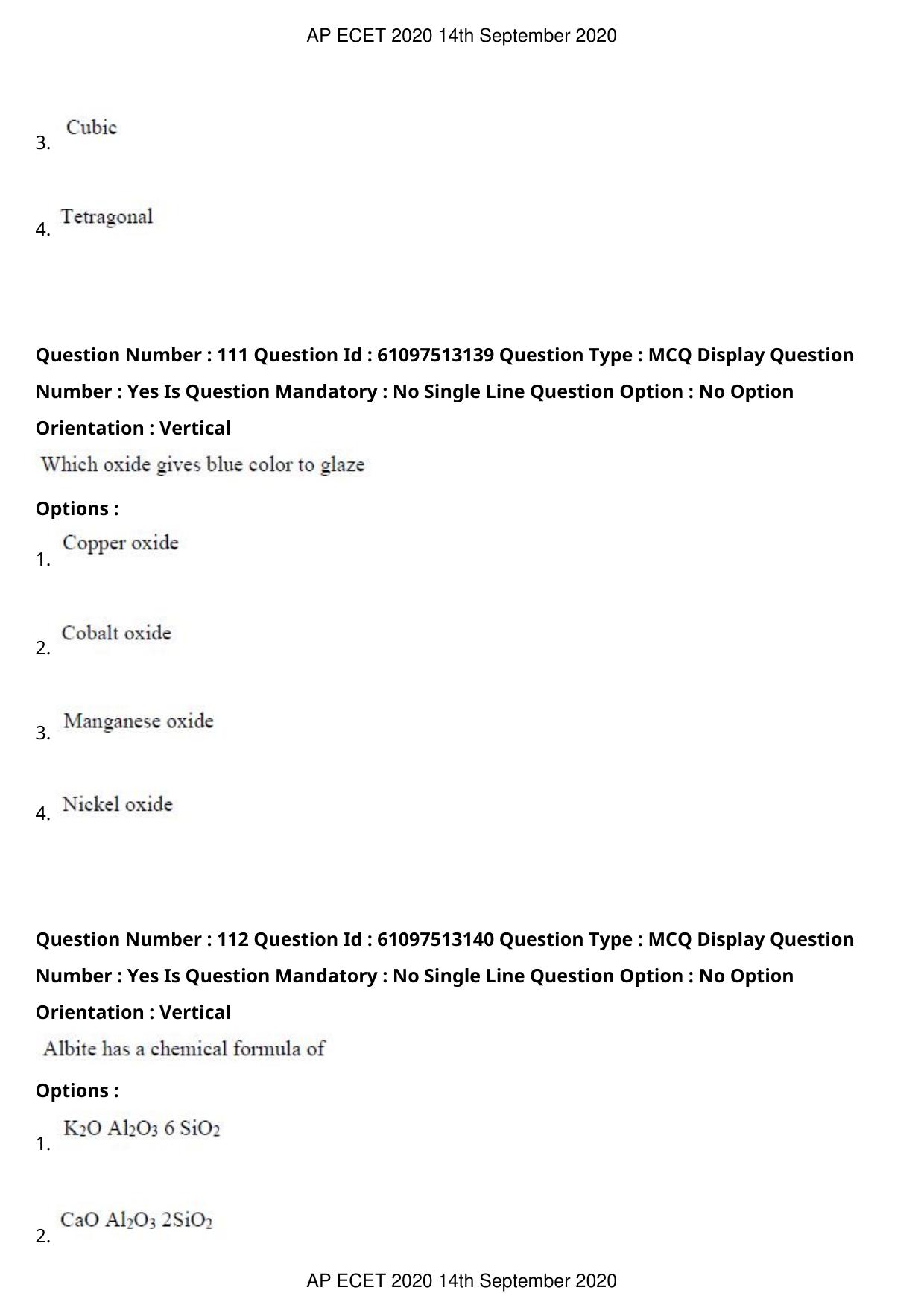 AP ECET 2020 - Ceramic Technology (Preview) Question Paper With Preliminary Keys - Page 61