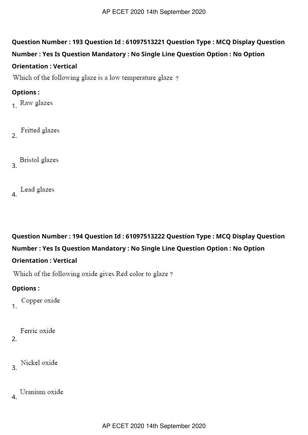 AP ECET 2020 - Ceramic Technology (Preview) Question Paper With Preliminary Keys - Page 103