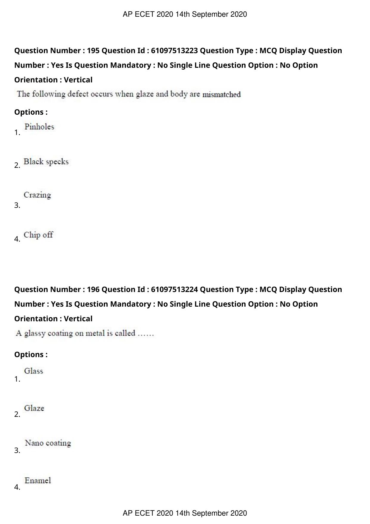 AP ECET 2020 - Ceramic Technology (Preview) Question Paper With Preliminary Keys - Page 104