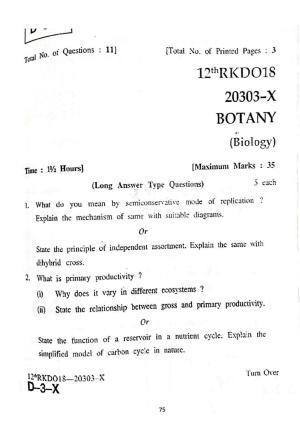 JKBOSE Class 12 Biology-Botany Question Papers 2018 (20303-X)