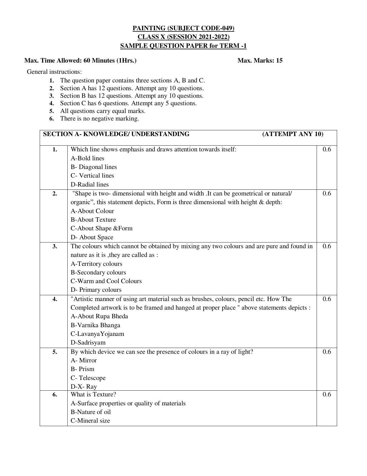 CBSE Class 10 Painting Sample Paper 2021-22 - Page 1