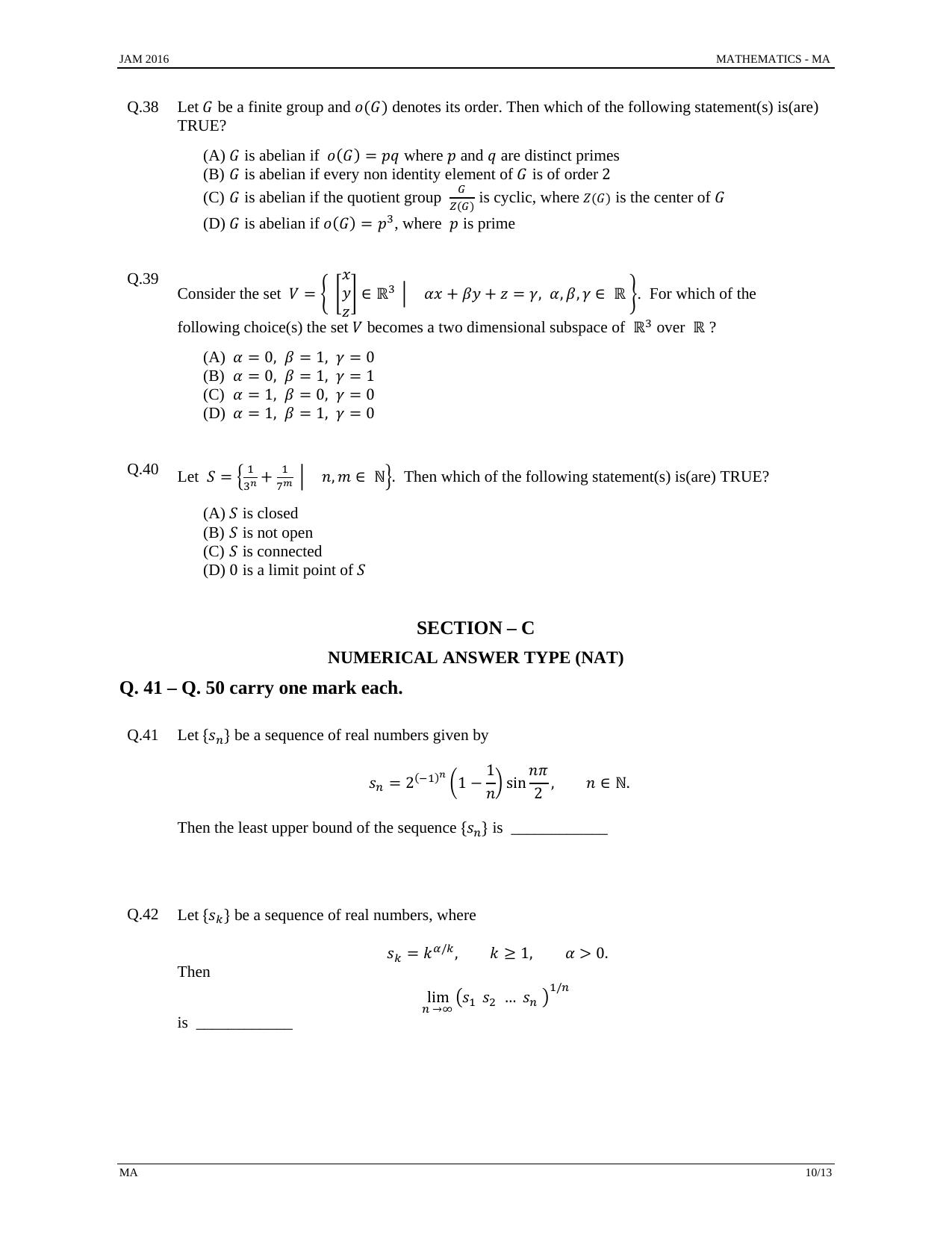 JAM 2016: MA Question Paper - Page 9