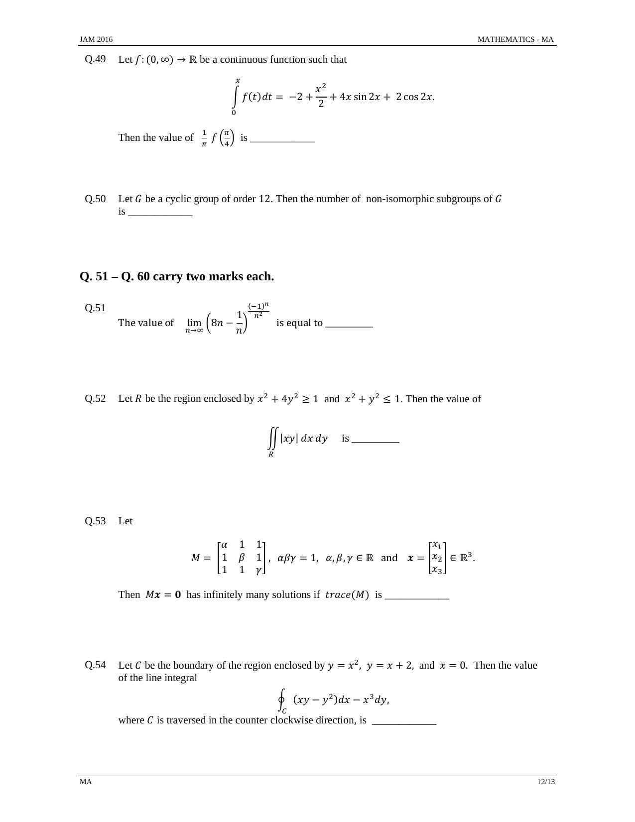 JAM 2016: MA Question Paper - Page 11