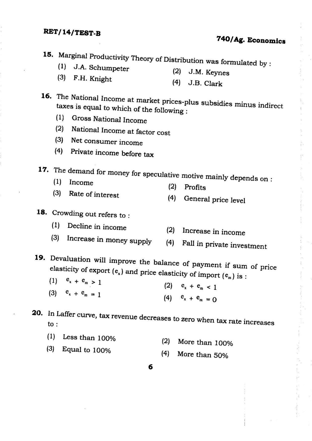 BHU RET Ag.Economics 2014 Question Paper - Page 6