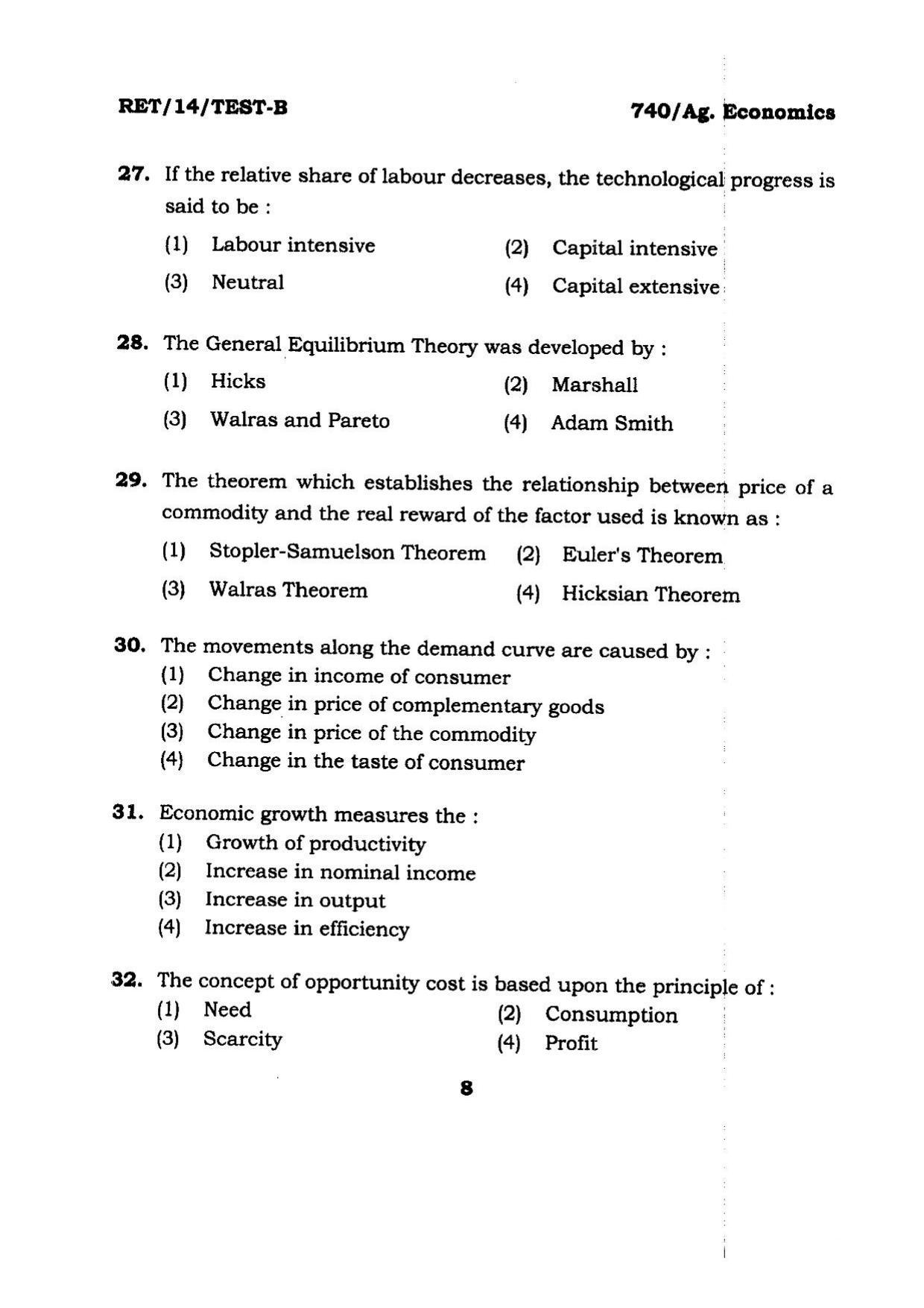 BHU RET Ag.Economics 2014 Question Paper - Page 8