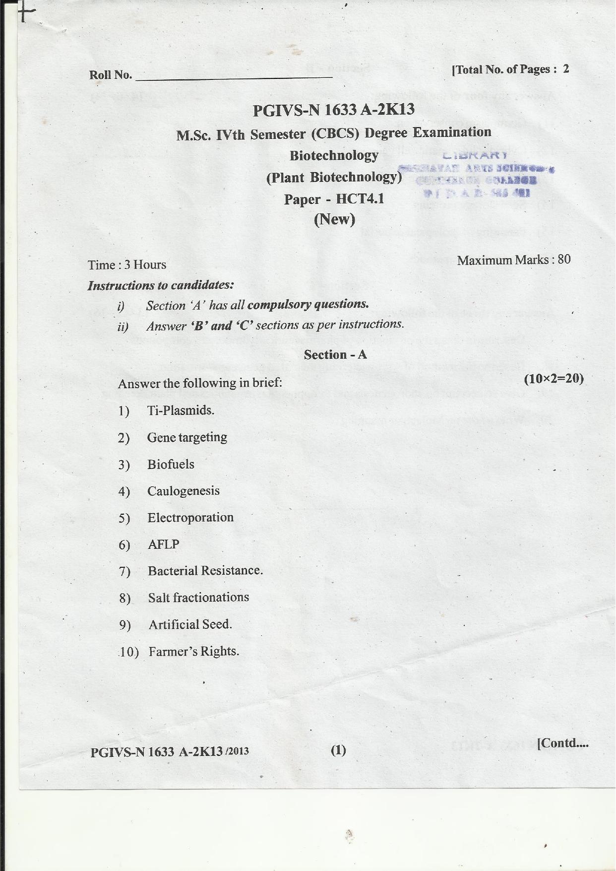 MAER PG CET 2013 Plant Biotechnology Question Paper - Page 1