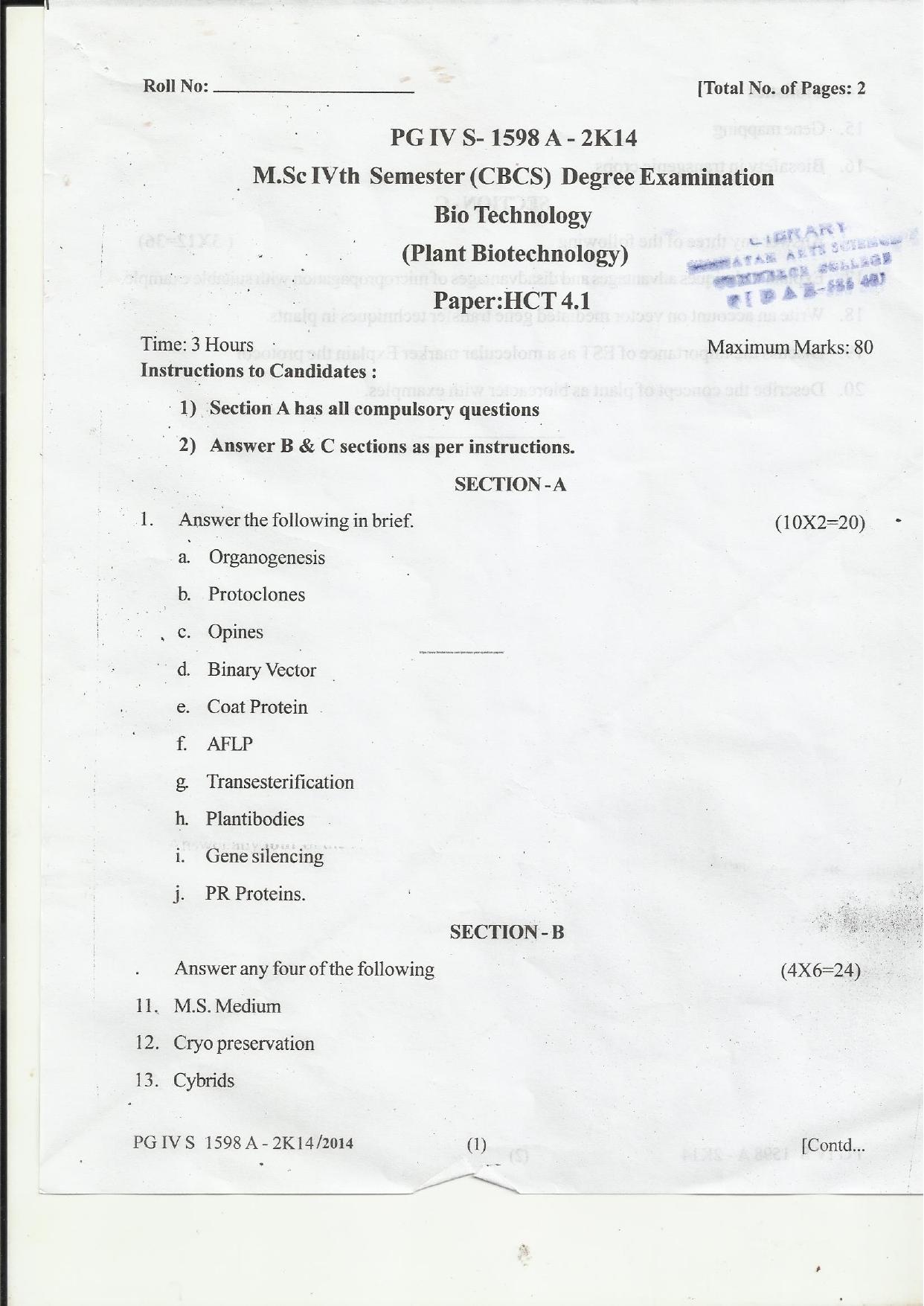 MAER PG CET 2013 Plant Biotechnology Question Paper - Page 3