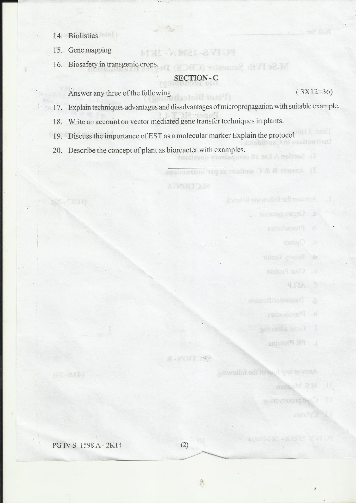 MAER PG CET 2013 Plant Biotechnology Question Paper - Page 4