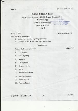 MAER PG CET 2013 Plant Biotechnology Question Paper