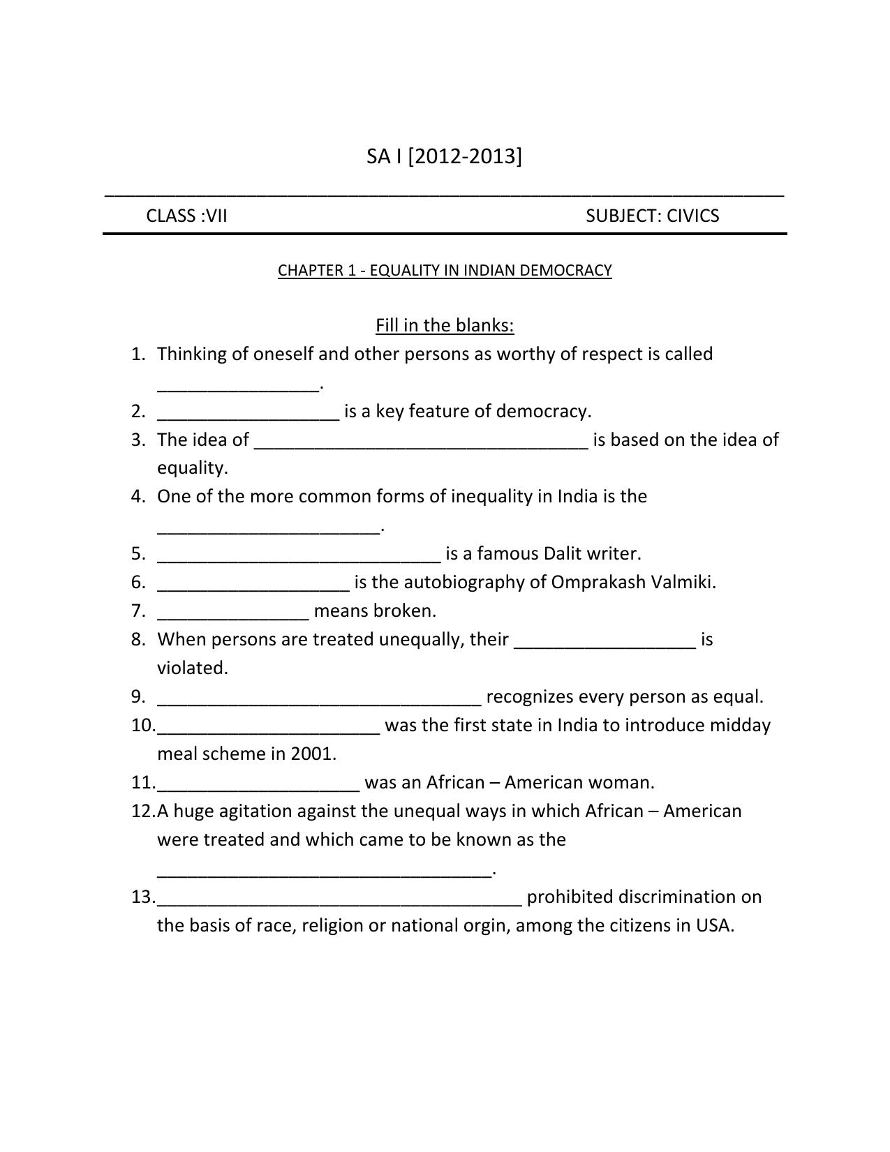CBSE Worksheets for Class 7 Geography Equality In Indian Democracy Assignment 2 - Page 1