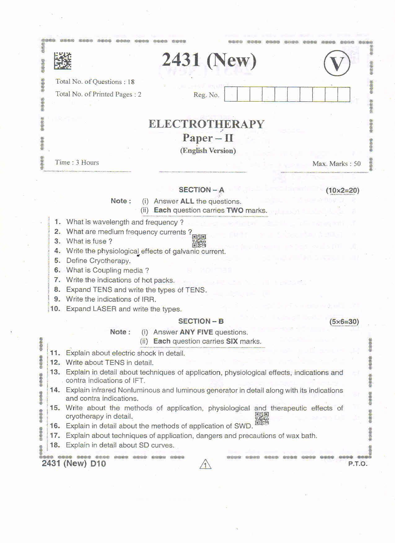 AP Intermediate 2nd Year Vocational Question Paper September-2021- Electro_Therapy-II - Page 1