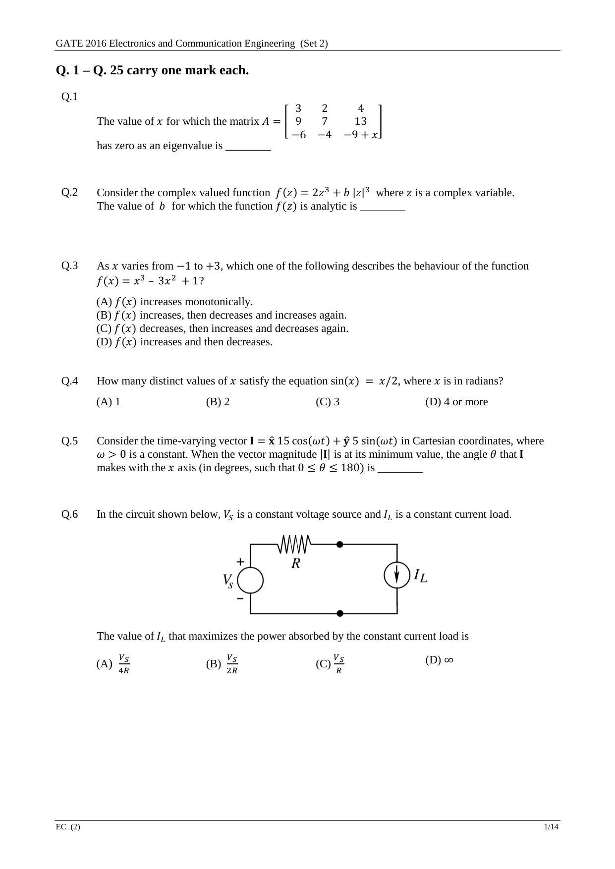 GATE 2016 Electronics and Communication Engineering (EC) Question Paper with Answer Key - Page 25