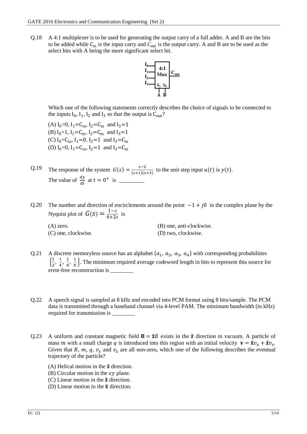 GATE 2016 Electronics and Communication Engineering (EC) Question Paper with Answer Key - Page 29