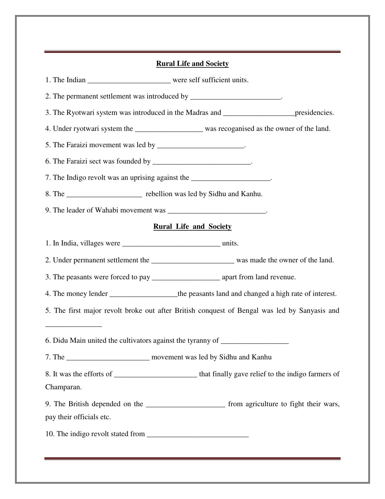 CBSE Worksheets for Class 8 Social Science Rural Life and Society Assignment - Page 1
