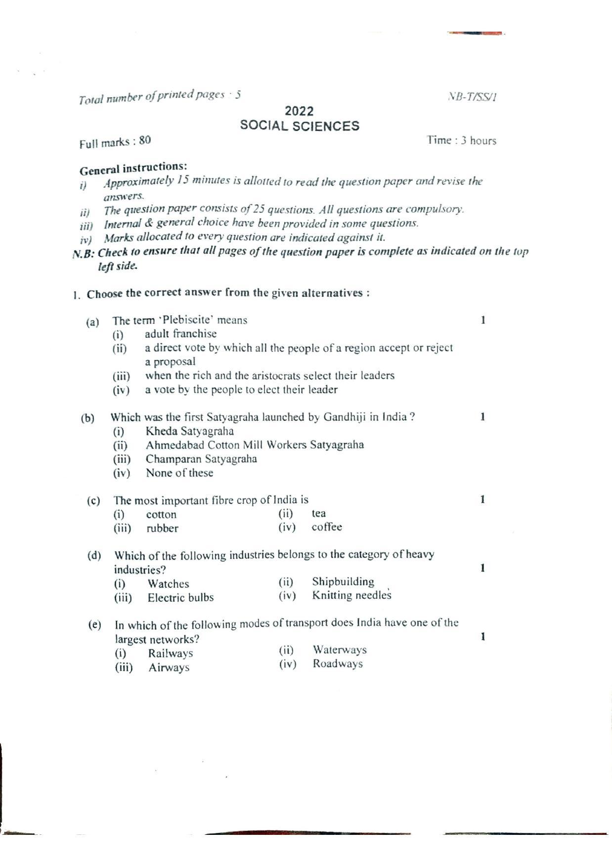Nagaland Board Class 10 Social Science 2022 Question Paper - Page 1