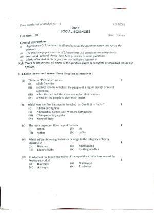Nagaland Board Class 10 Social Science 2022 Question Paper