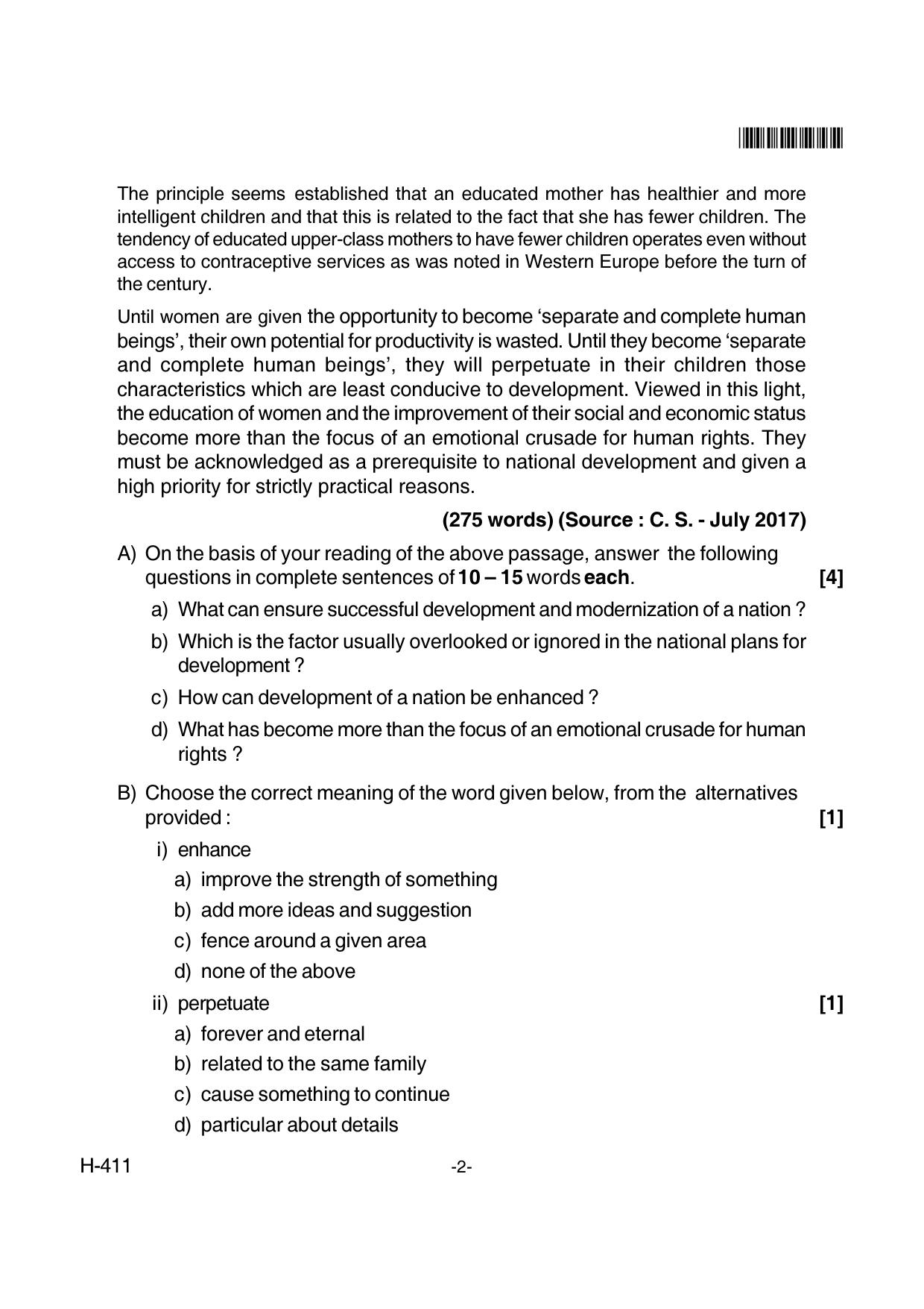 Goa Board Class 12 English I 411 (June 2018) Question Paper - Page 2