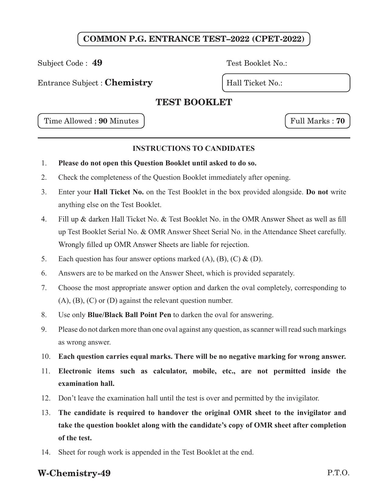 Odisha CPET 2022 CHEMISTRY Question Paper - Page 1