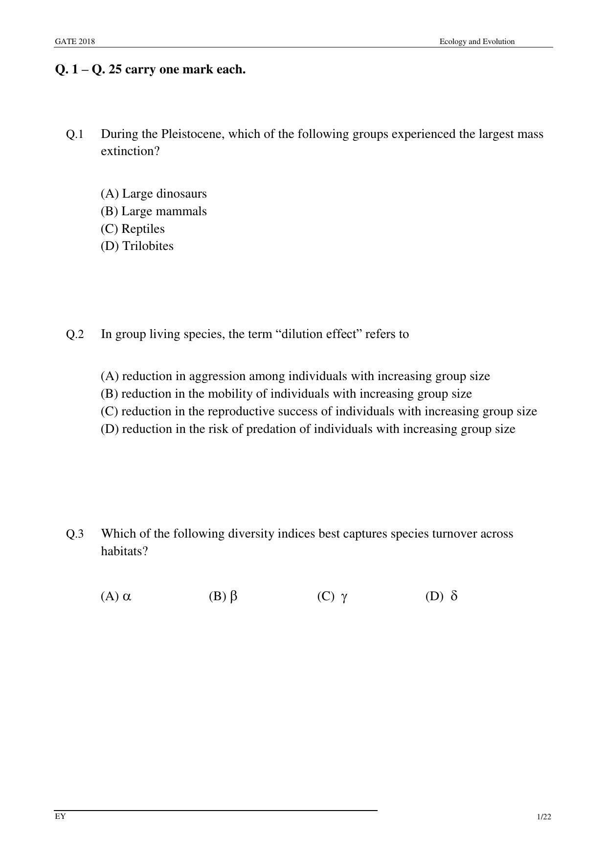 GATE 2018 Ecology and Evolution (EY) Question Paper with Answer Key - Page 3