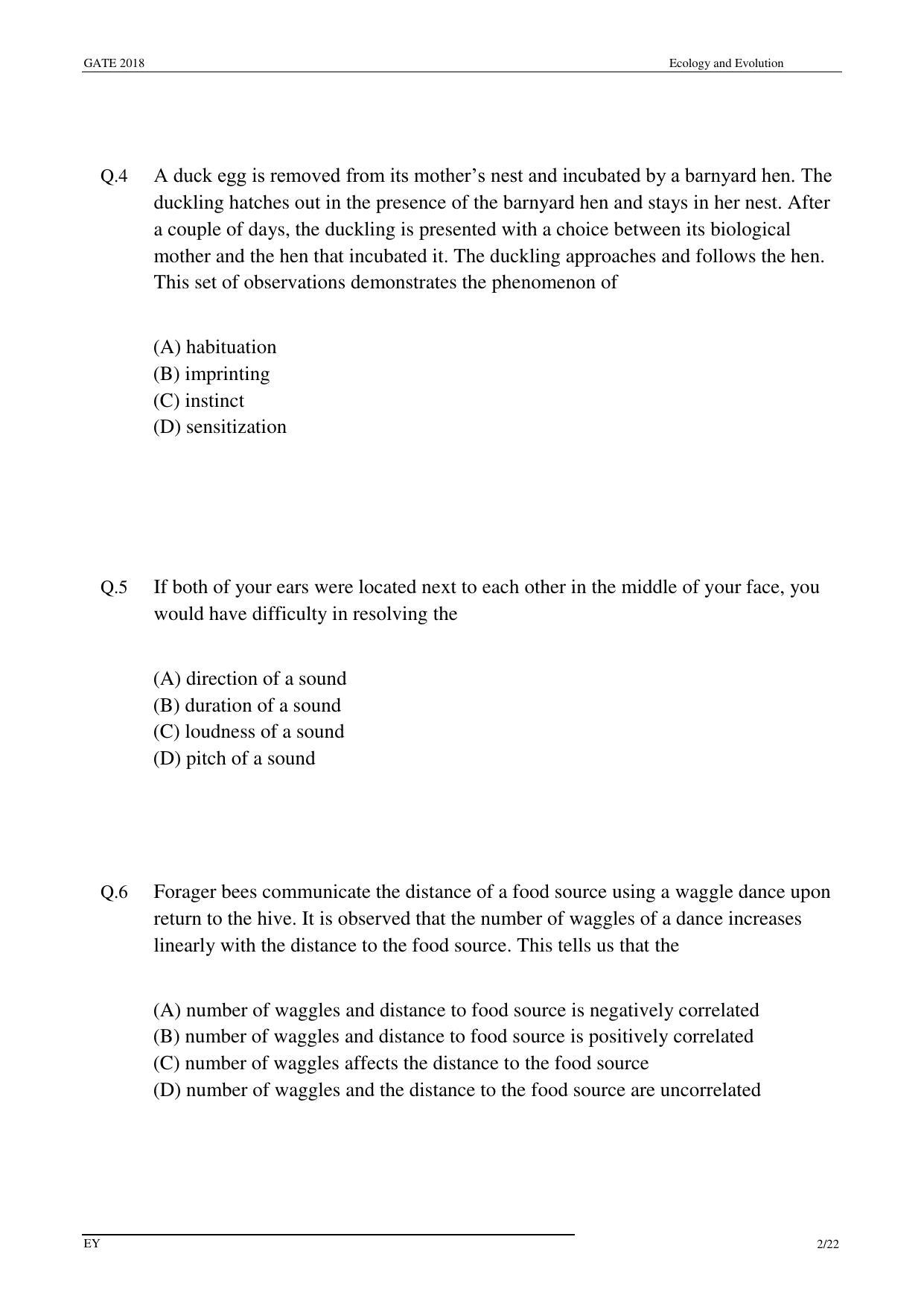 GATE 2018 Ecology and Evolution (EY) Question Paper with Answer Key - Page 4