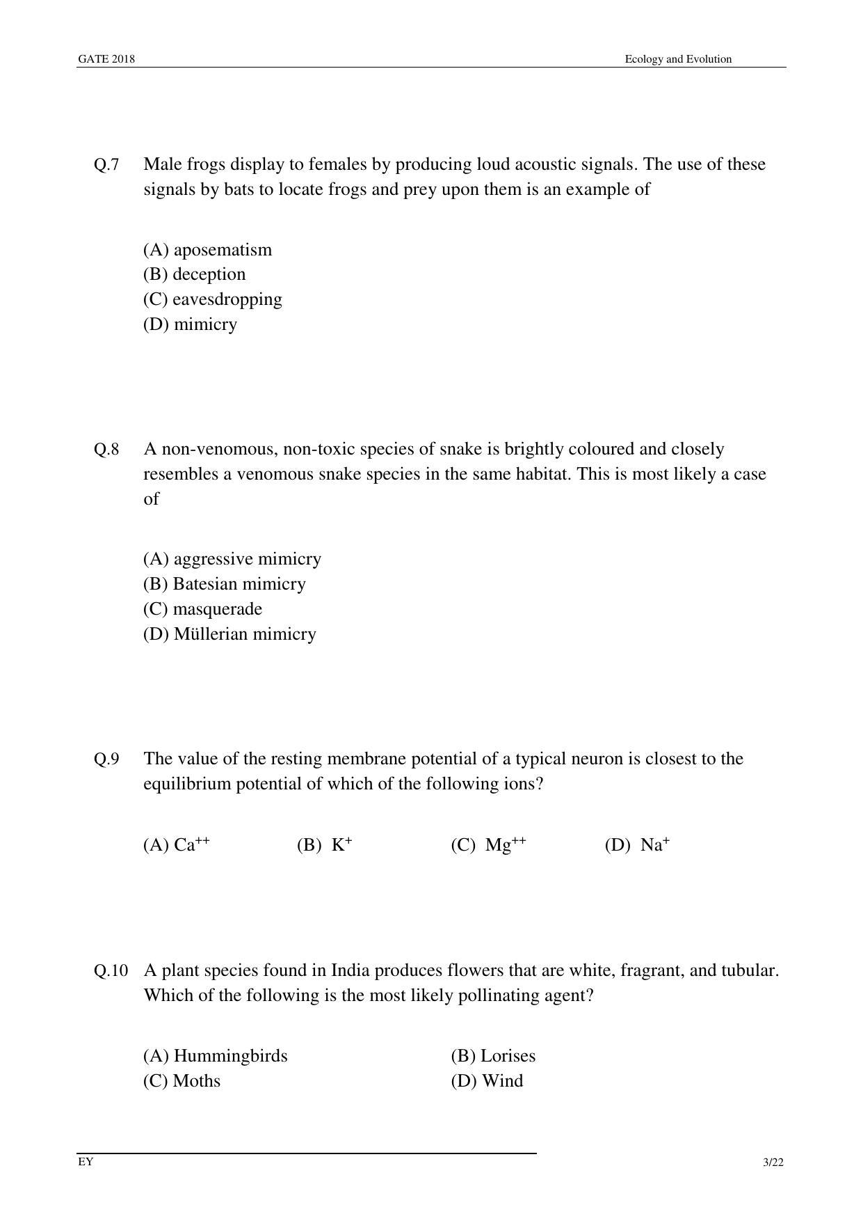 GATE 2018 Ecology and Evolution (EY) Question Paper with Answer Key - Page 5