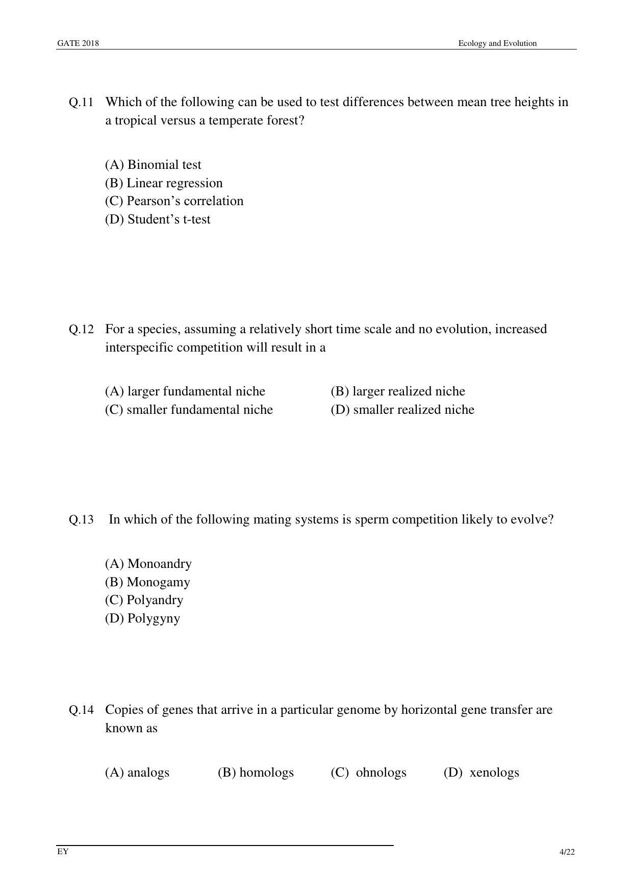 GATE 2018 Ecology and Evolution (EY) Question Paper with Answer Key - Page 6