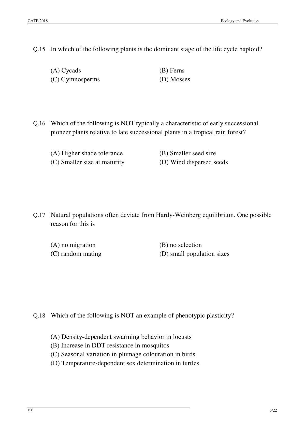 GATE 2018 Ecology and Evolution (EY) Question Paper with Answer Key - Page 7