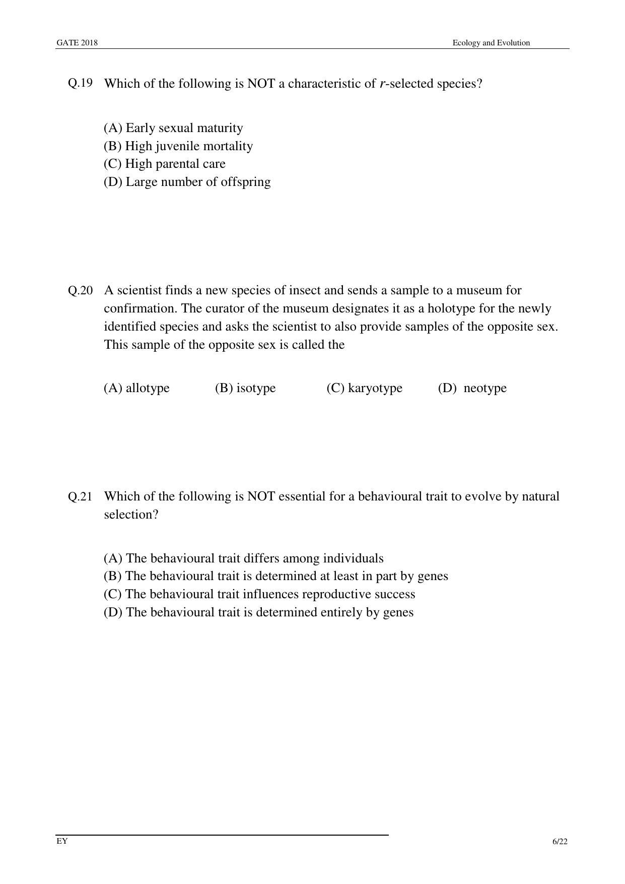 GATE 2018 Ecology and Evolution (EY) Question Paper with Answer Key - Page 8