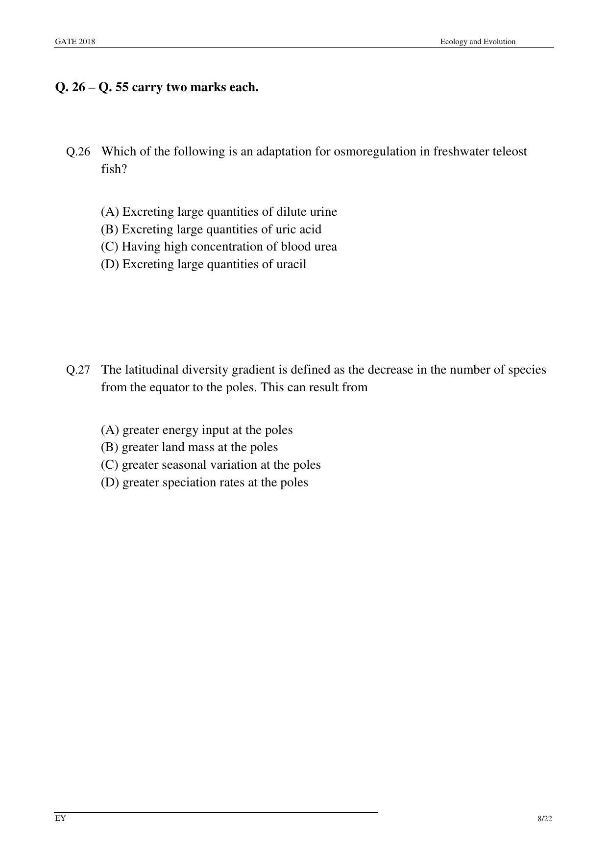GATE 2018 Ecology and Evolution (EY) Question Paper with Answer Key - Page 10