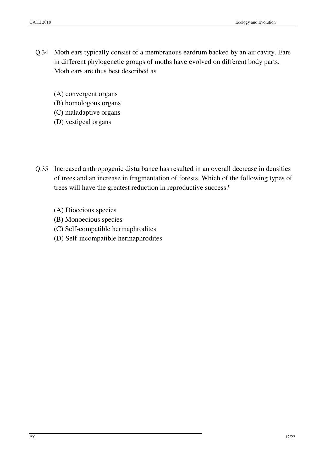 GATE 2018 Ecology and Evolution (EY) Question Paper with Answer Key - Page 14