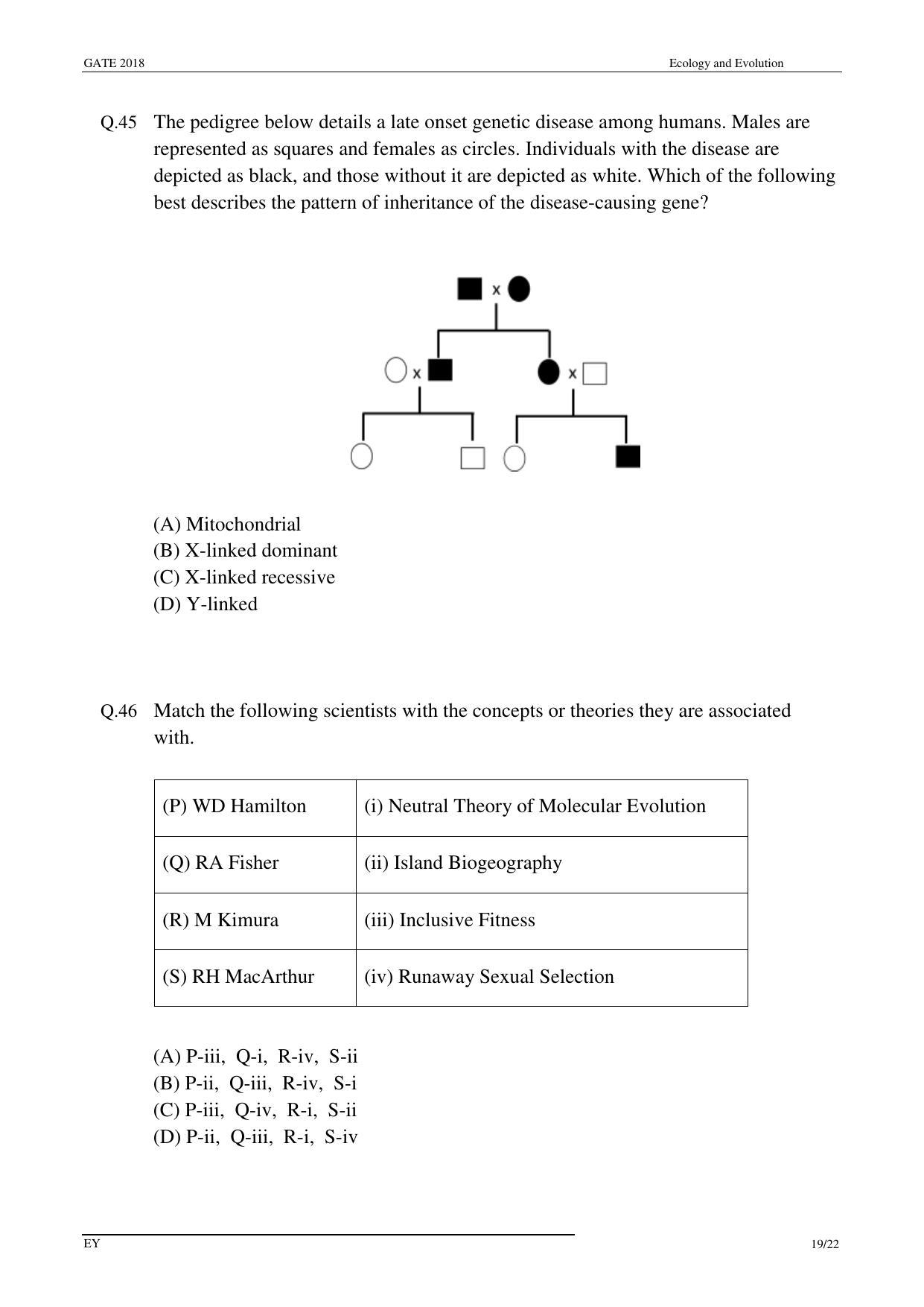 GATE 2018 Ecology and Evolution (EY) Question Paper with Answer Key - Page 21