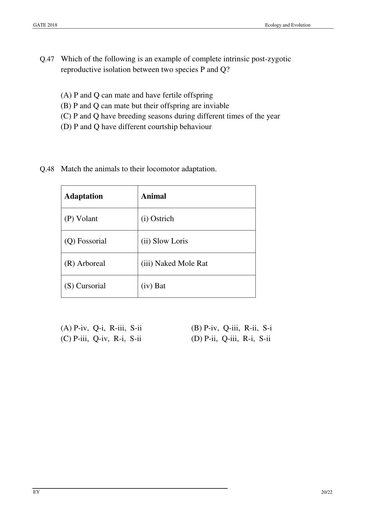 GATE 2018 Ecology and Evolution (EY) Question Paper with Answer Key - Page 22