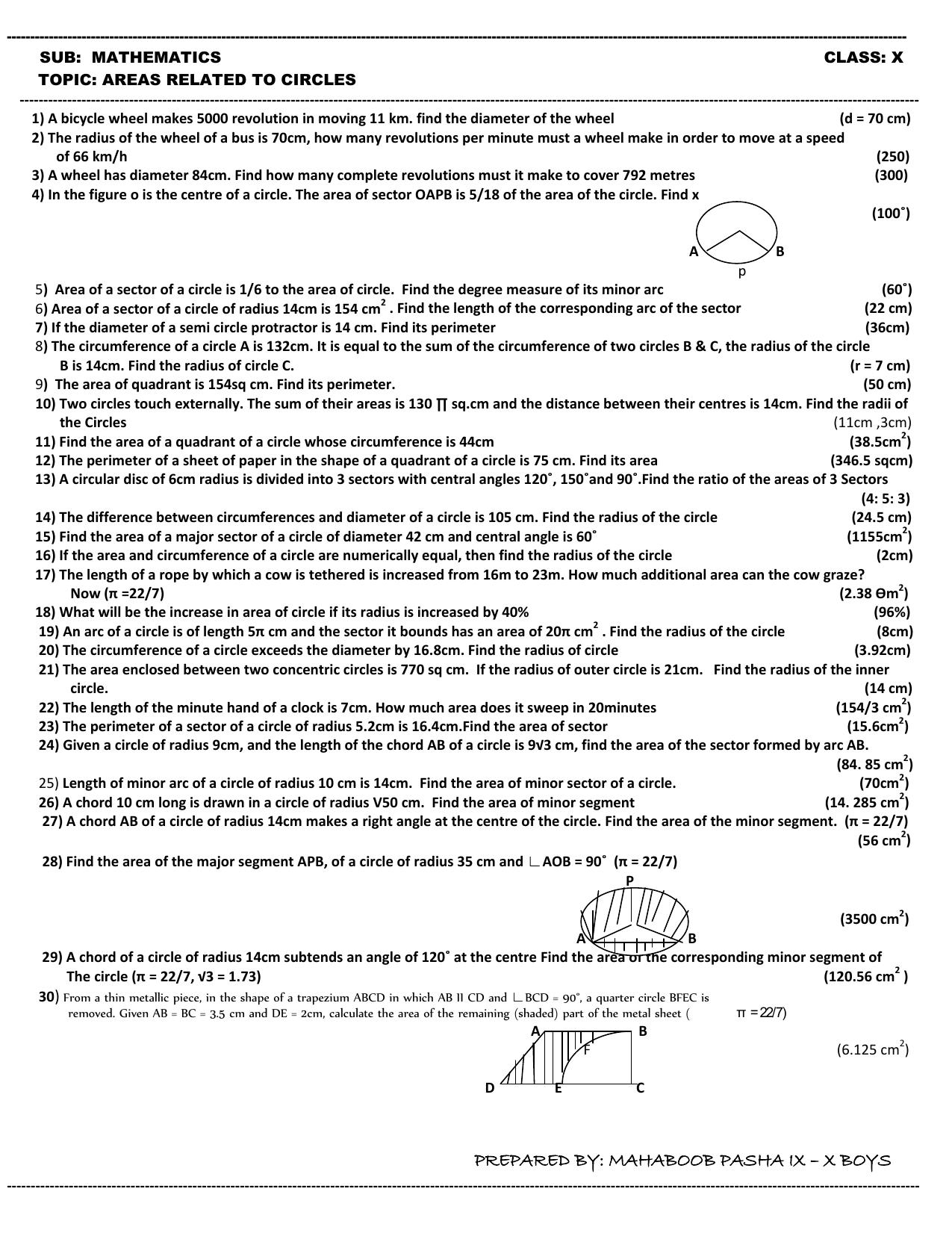 CBSE Worksheets for Class 10 Maths Areas related to Circles Assignment 1 - Page 1