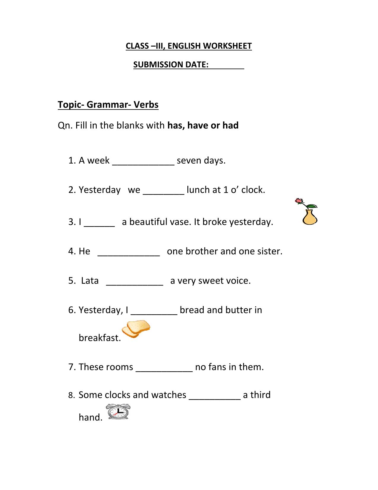 Worksheet for Class 3 English Grammar- Verbs Assignment - Page 1