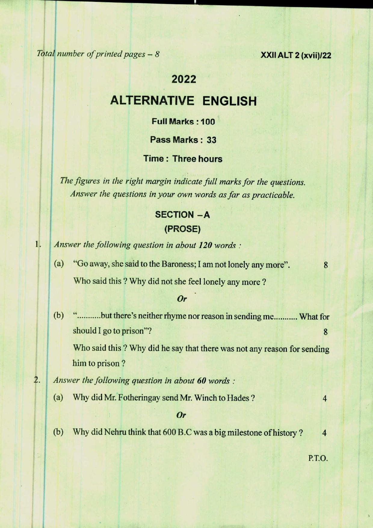 COHSEM 12th Question Papers 2022 Alternative English - Page 1