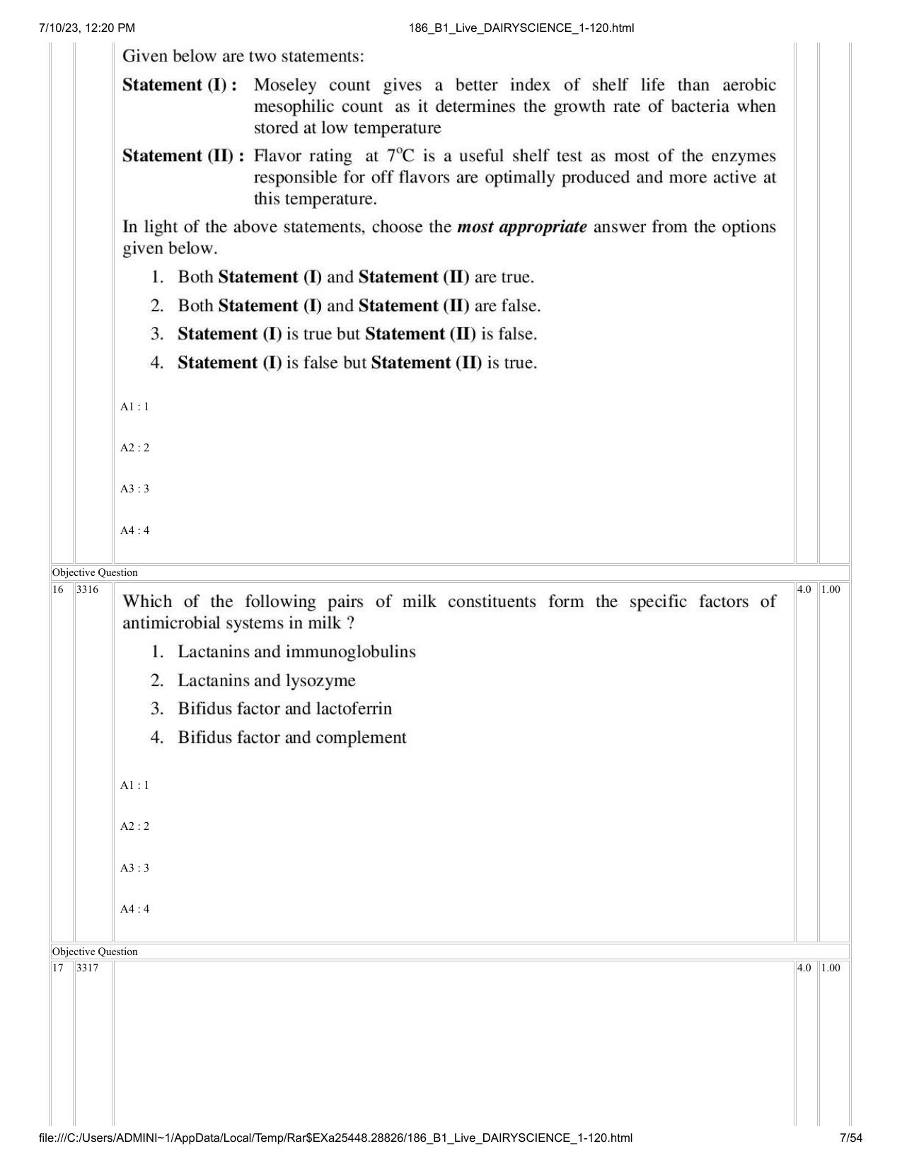 ICAR AIEEA PG 2023 DAIRY SCIENCE Question Paper - Page 7