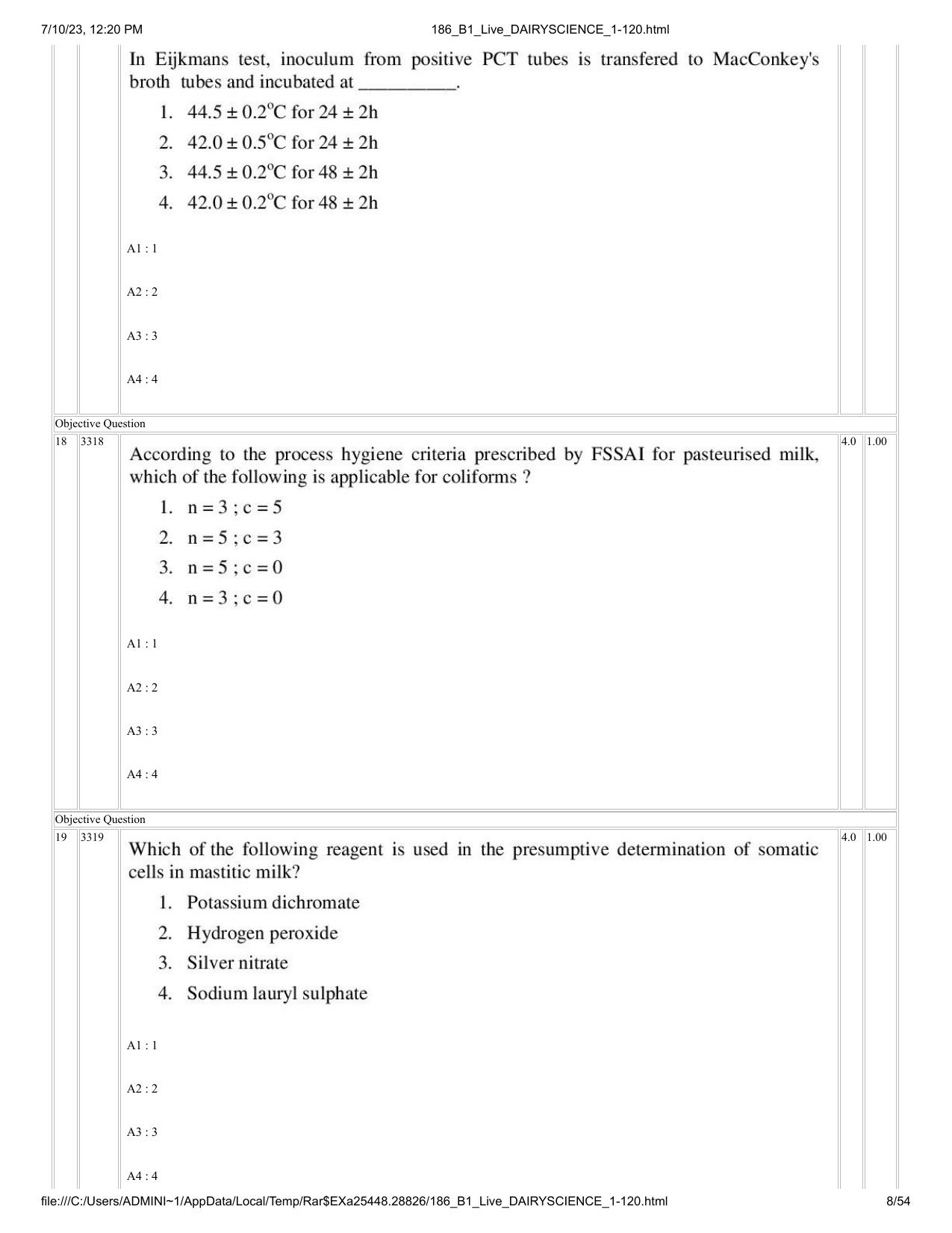 ICAR AIEEA PG 2023 DAIRY SCIENCE Question Paper - Page 8