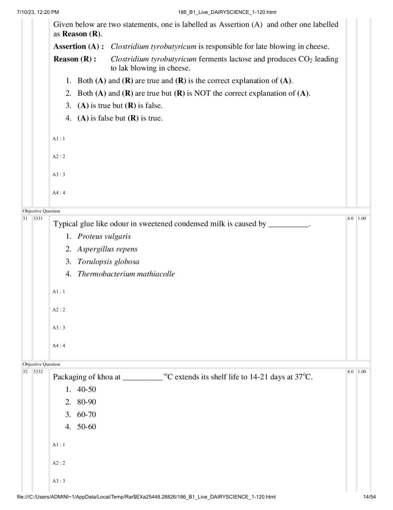 ICAR AIEEA PG 2023 DAIRY SCIENCE Question Paper - Page 14