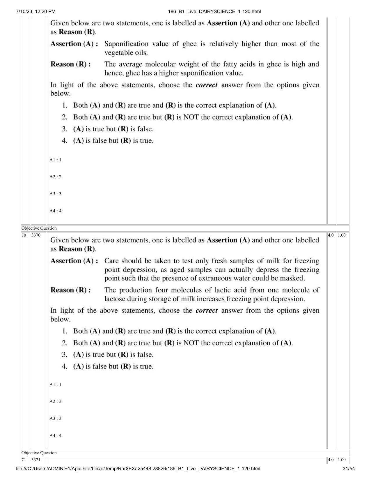 ICAR AIEEA PG 2023 DAIRY SCIENCE Question Paper - Page 31